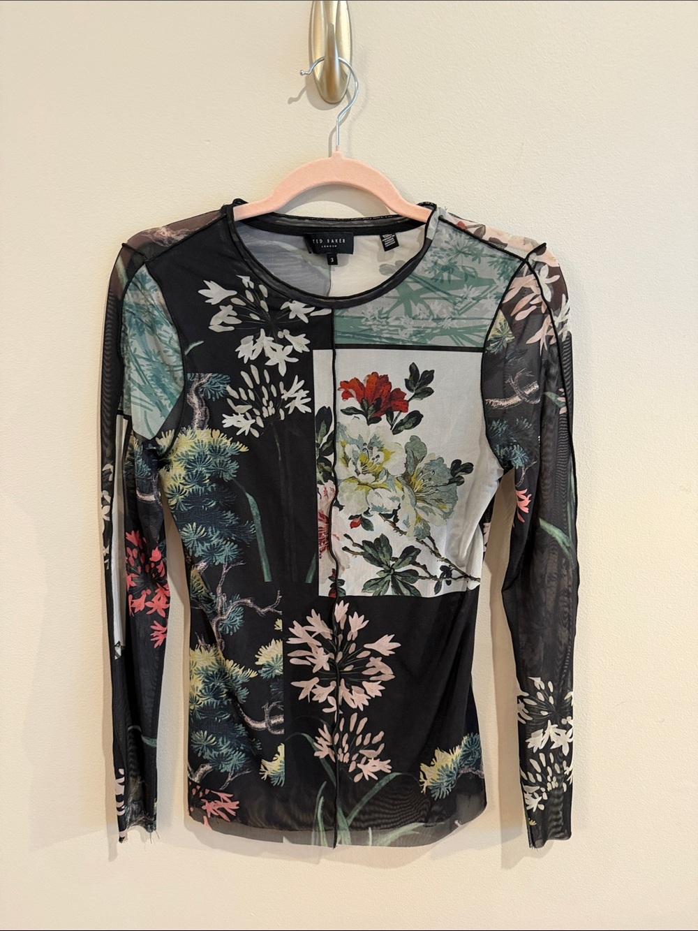 Ted Baker Black Multi Floral Patchwork Mesh Long Sleeve Top